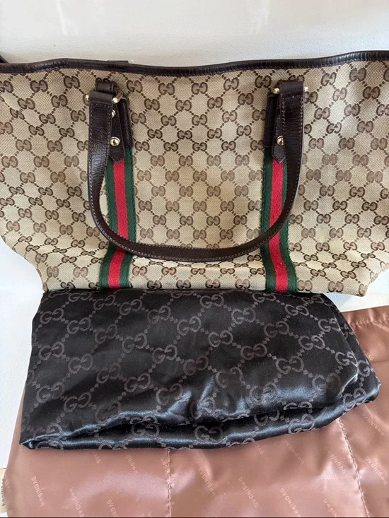 Gucci Beige GG Canvas Tote with Green and Red Web Stripe and Dark Brown Trim - Picture 12 of 12